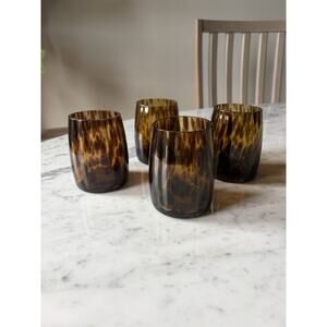 PartyLite Spotted Brown Amber Tortoise Glass Tea Light Candle Holder Set of 4